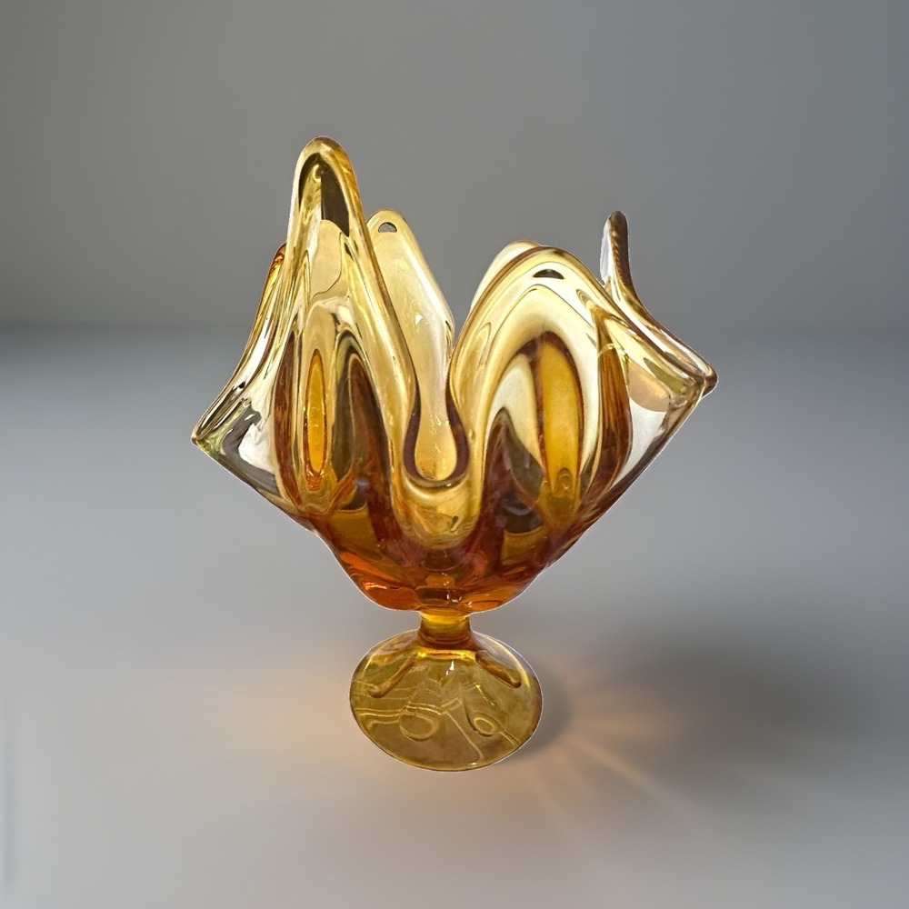 Viking Amber Art Glass Handkerchief Vase Six Petal Pedestal Mid Century 7.75" T - Picture 3 of 12